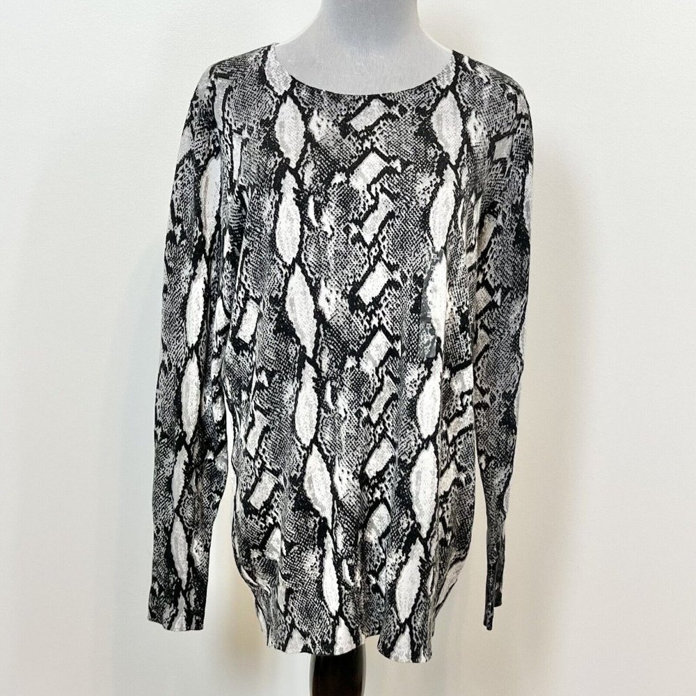 Worthington‎ Womens Leona Animal Print Sweater Snake Cotton Blend Black White Sz